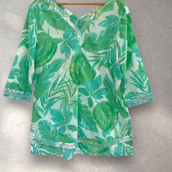 Christian Siriano New York Women's Large Green Leaf Print V-Neck Resortwear Chic - Picture 3 of 15